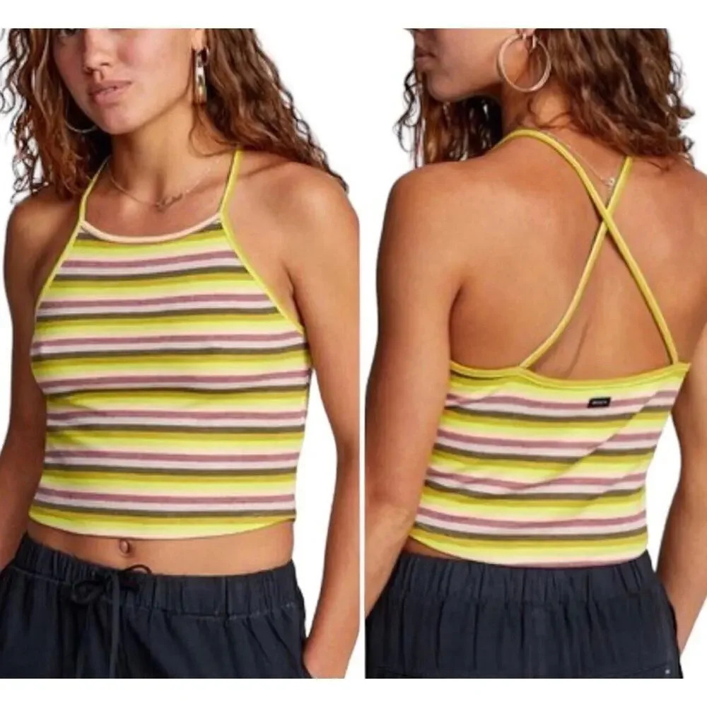 NEW RVCA Women Medium Hat Trick Multicolor Stripe Ribbed Tank Crop Top v6x